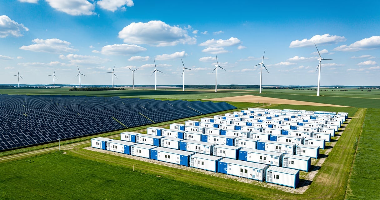 Système de stockage d énergie par batterie BESS installé à côté de panneaux solaires et éoliennes