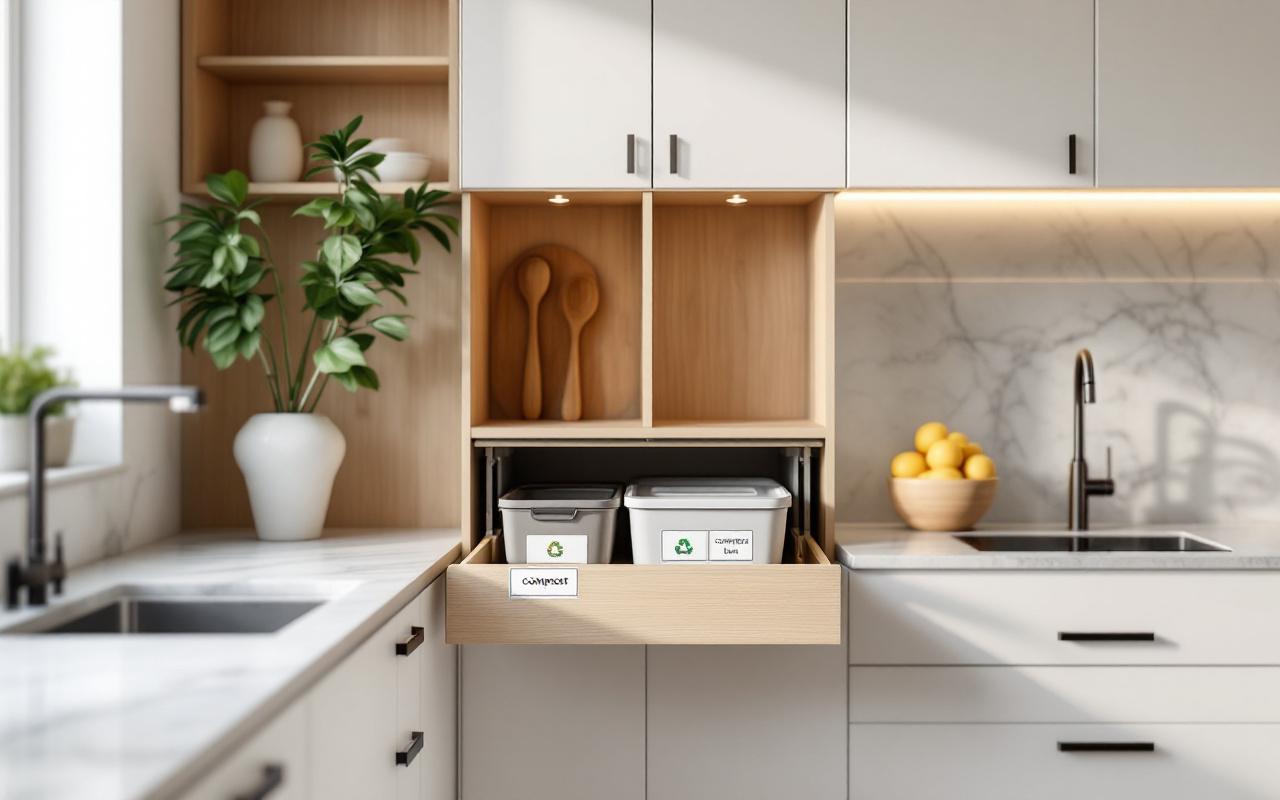 Armoire de cuisine moderne et organisée avec bacs de tri des déchets intégrés coulissants visibles, façades sans poignées en bois clair et blanc, plan de travail en marbre, éléments inox, petite plante, lumière volumétrique chaude et ambiance lumineuse et épurée.