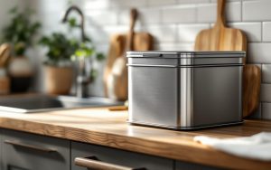 Petit composteur en acier inoxydable posé sur un plan de travail compact en bois, arrière-plan carrelage blanc, petite plante aromatique verte, lumière matinale douce avec ombres subtiles, ambiance réaliste et naturelle