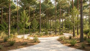 Jardin de maison en lisière d’une pinède girondine, avec des feuillus espacés, une allée minérale et une végétation basse éclairée par la lumière estivale.