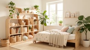 Chambre d’enfant lumineuse et écologique avec mobilier en bois naturel, plantes vertes, rangements durables et décoration aux tons doux.