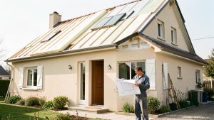 Maison individuelle française en rénovation énergétique avec toiture isolée et artisan consultant des plans vierges dans une ambiance lumineuse et réaliste.