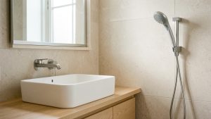 Salle de bain lumineuse et sobre avec lavabo moderne, robinet équipé d’un mousseur visible, douchette économe et matériaux naturels.