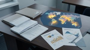 Table de travail sobre présentant des dossiers administratifs vierges, des rapports climatiques et une carte mondiale abstraite des zones d’émissions.