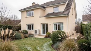 Maison individuelle rénovée à Poitiers avec une unité extérieure de pompe à chaleur discrètement installée dans un jardin, éclairée par une douce lumière hivernale.