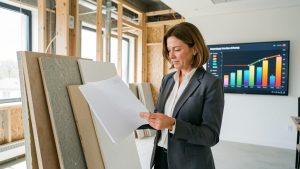 Une responsable d’entreprise examine des éléments de rénovation énergétique dans un bâtiment tertiaire lumineux, avec des panneaux isolants et un tableau abstrait de consommation en arrière-plan.