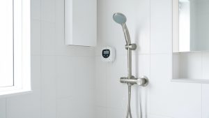 Salle de bains lumineuse et épurée avec douchette économe, mousseur de robinet et compteur d’eau.